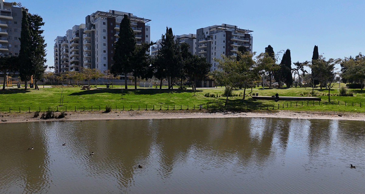 שכונת גליל ים. בתים של עשר קומות ולפניהם פארק עם דשא ובריכה ובה ברווזים.