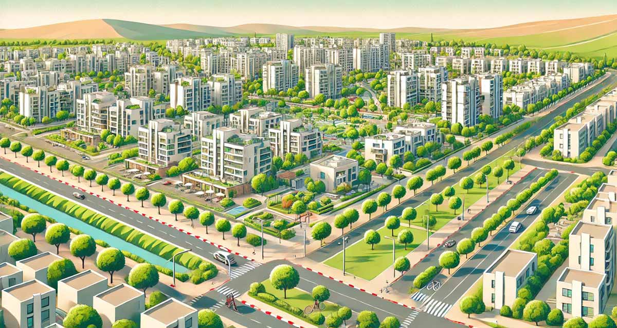 השכונה הירוקה בכפר סבא. בתים בני שתיים עד שמונה קומות ומרחבים ירוקים רבים