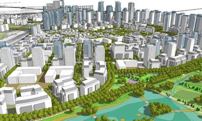 תוכנית הרצליה צפון. הדמייה של השטחים שיפותחו. בניינים ציבוריים ובנייני מגורים גבוהים. בצד ימין פארק.