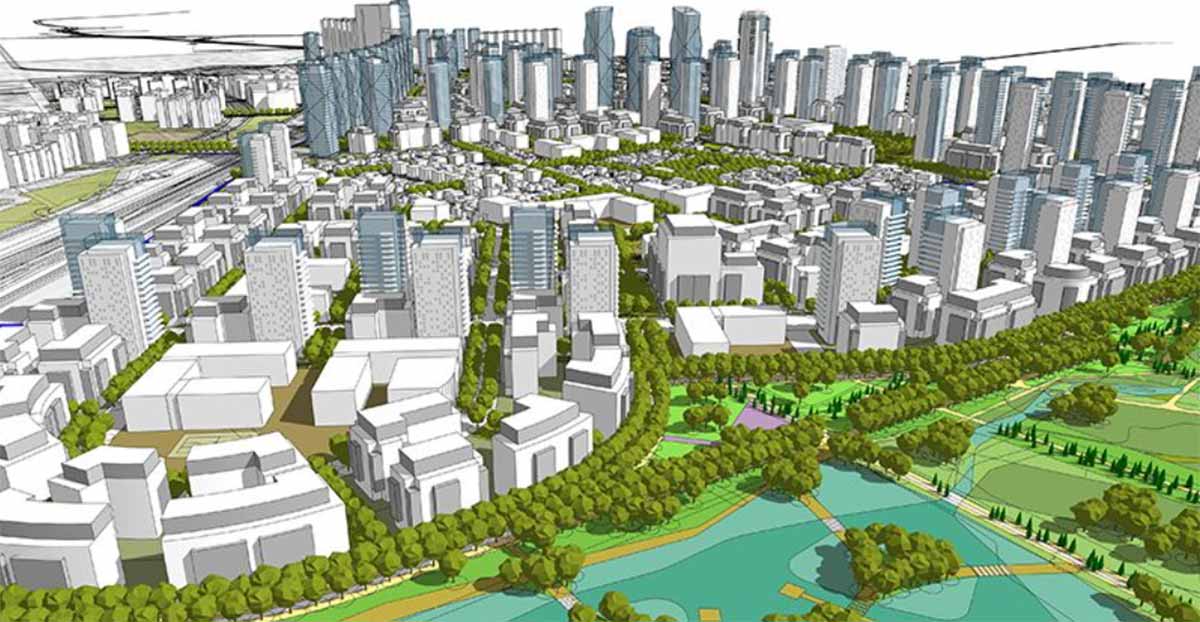 תוכנית הרצליה צפון. הדמייה של השטחים שיפותחו. בניינים ציבוריים ובנייני מגורים גבוהים. בצד ימין פארק.