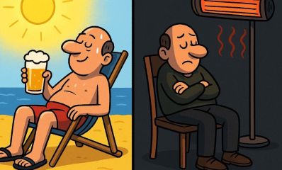 חם - קר. בצד אחד אדם יושב בחוף הים ומזיע. בצד שני אותו אדם תחת תנור בחושך