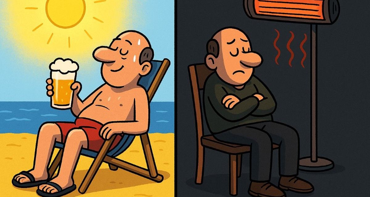 חם - קר. בצד אחד אדם יושב בחוף הים ומזיע. בצד שני אותו אדם תחת תנור בחושך