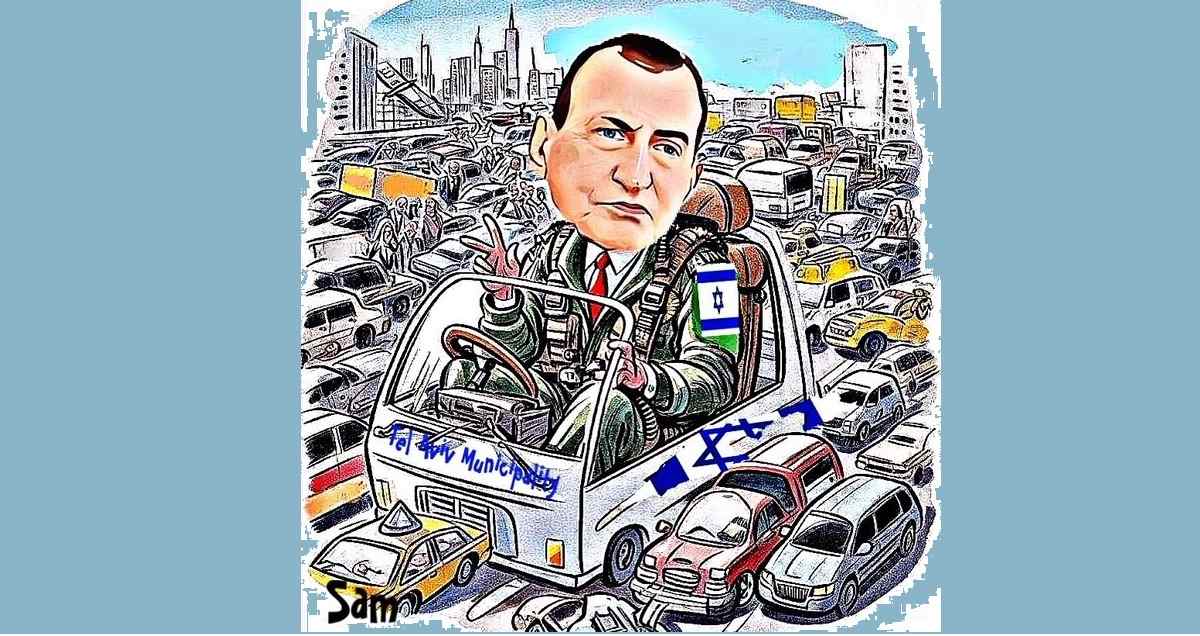 רון חולדאי. עיבוד AI - שמואל אליעז. נוהג על רכבעם דגל ישראל על הכתף. תקוע באמצע פקק עצום