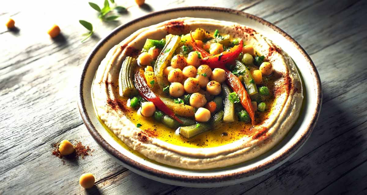 מנה בצלחת של חומוס מסחבה עם ירקות מוקפצים של שף שאול בן אדרת. צילום: עמותת רוח טובה