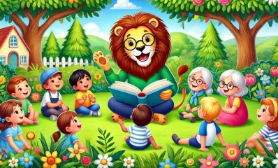 שעת סיפור עם האריה. איור AI - מערכת