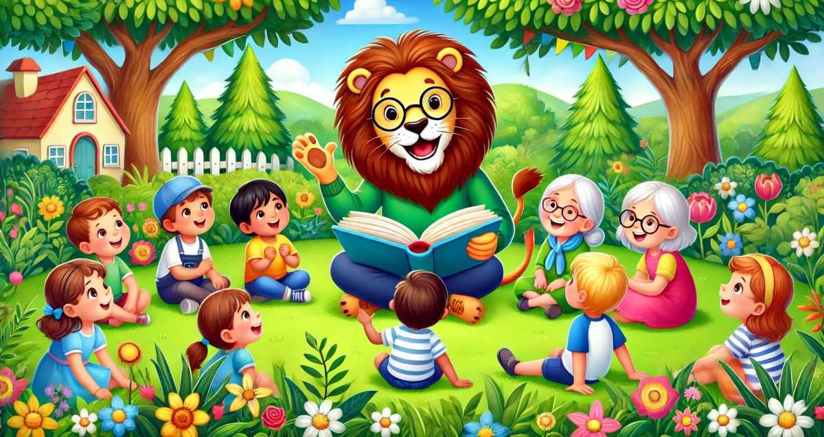 שעת סיפור עם האריה. איור AI - מערכת