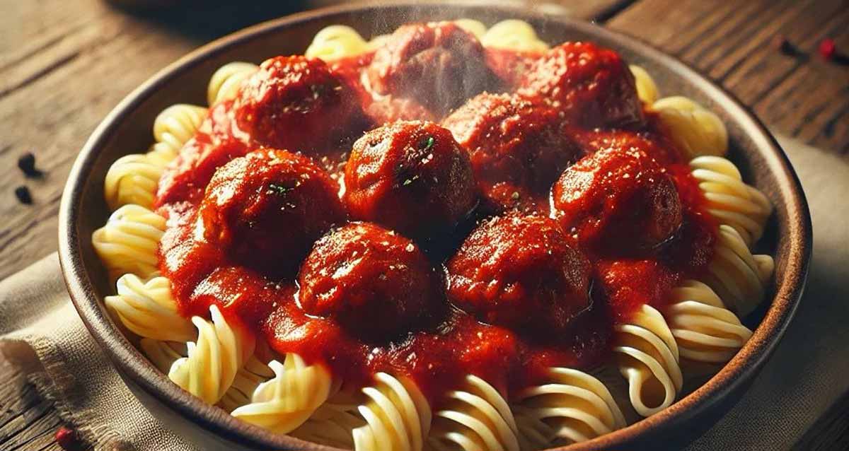 כדורי בשר של שף שאול בן אדרת. כדורי בשר עם רוטב אדום על פסטה מסולסלת.