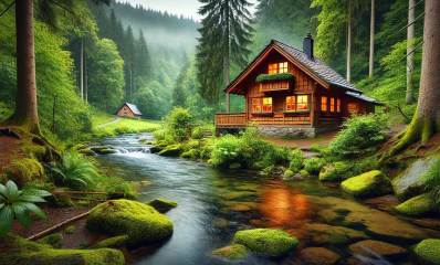 הבקתה של גיאורג ומריה בצפון מערב גרמניה על גדות נחל זורם בלב יער. איור בינה מלאכותית