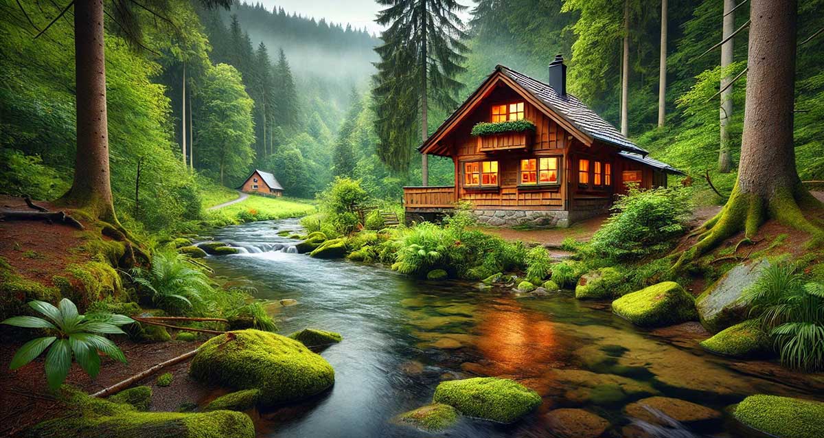 הבקתה של גיאורג ומריה בצפון מערב גרמניה על גדות נחל זורם בלב יער. איור בינה מלאכותית