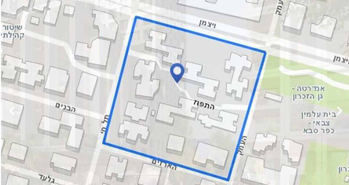 מתחם התפוז כפר סבא. מפה של המתחם בין הרחובות: וייצמן, העמק, הארזים ותל חי.