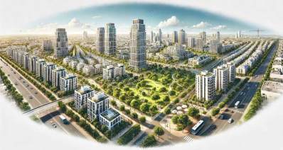איור בינה מלאכותית. כמה עולה ברמות מנחם בהוד השרון. במרכז בניינים גבוהים ושטחים ירוקים מסביב. רחוב בצד ימין ובצד שמאל ושורות בתים לאורך הרחובות.
