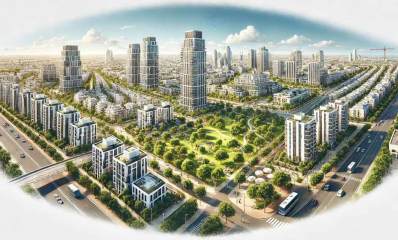 איור בינה מלאכותית. כמה עולה ברמות מנחם בהוד השרון. במרכז בניינים גבוהים ושטחים ירוקים מסביב. רחוב בצד ימין ובצד שמאל ושורות בתים לאורך הרחובות.