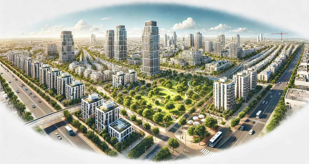 איור בינה מלאכותית. כמה עולה ברמות מנחם בהוד השרון. במרכז בניינים גבוהים ושטחים ירוקים מסביב. רחוב בצד ימין ובצד שמאל ושורות בתים לאורך הרחובות.