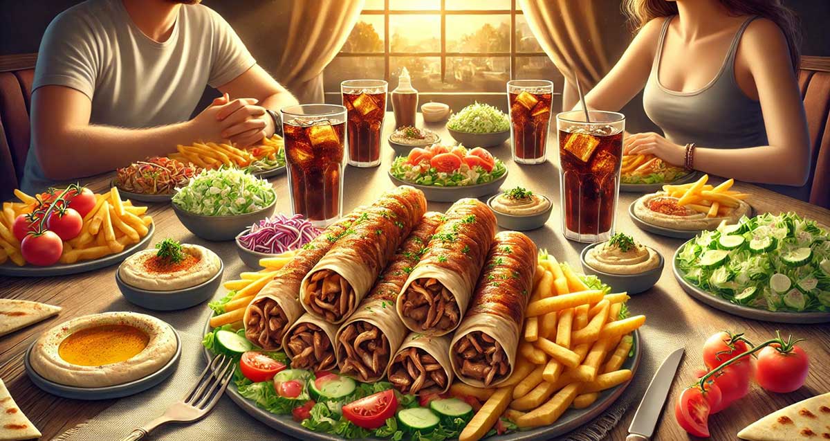 בילוי זוגי עם לאפות שווארמה. זוג יושב אחד מול השנייה ועל השולחן קערה גדולה עם לאפות שווארמה ומסביבן ירקות וצ'יפס. מסביב לקערה צלחות עם חומוס, ירקות, צ'יפס, וארבע כוסות משקה.