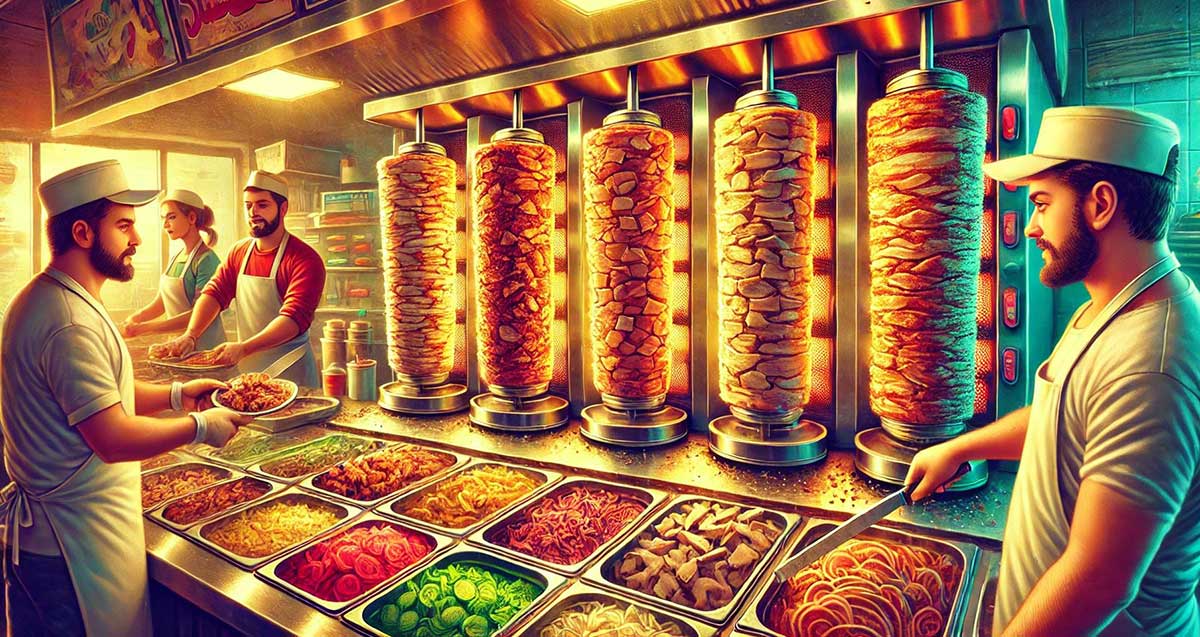 מסעדת מזון מהיר שווארמה. במרכז חימשה גלילים של שווארמה ומאחוריהם גוף חימום. לפני הגלילים דוכן עם קערות של ירקות ושני עובדים בשני הצדדים. בצד שמאל עובדת ועובד נוספים ליד הדוכן.