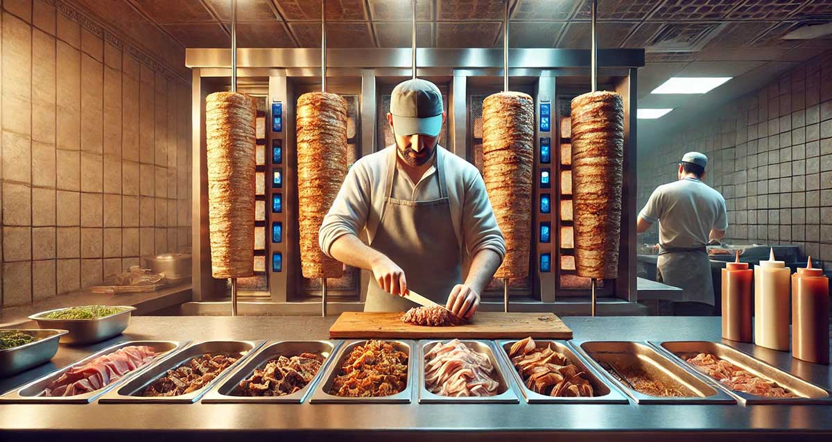 דוכן שווארמה. עובד פורס גוש בשר. לפניו קערות עם פרוסות בשר וחתיכות שווארמה. מאחוריו חמישה קונוסים של שווארמה.