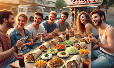 ארוחת שווארמה חברתית. תשעה בנות ובנים יושבים סביב שולחן ועליה צלחות עם ירקות, ושווארמה בלאפות. מאחוריהם דוכן שווארמה עם כיתוב למעלה באנגלית: SHAWARMA.