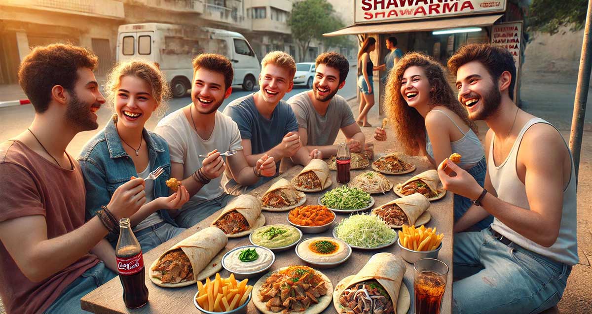 ארוחת שווארמה חברתית. תשעה בנות ובנים יושבים סביב שולחן ועליה צלחות עם ירקות, ושווארמה בלאפות. מאחוריהם דוכן שווארמה עם כיתוב למעלה באנגלית: SHAWARMA.