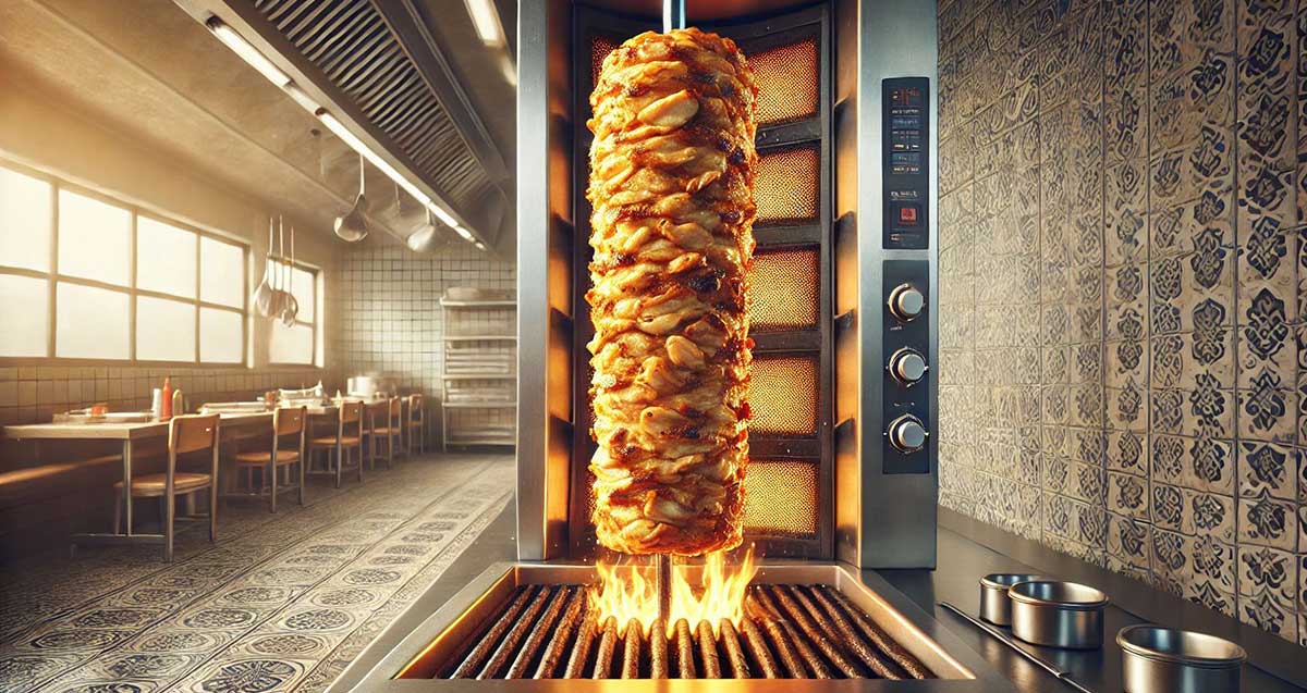 שווארמה הודו. גליל שווארמה, אש מתחתיו וחימום סביבו ממכשיר הכנת שווארמה. בצד שמאל שולחנות וכיסאות של המסעדה.