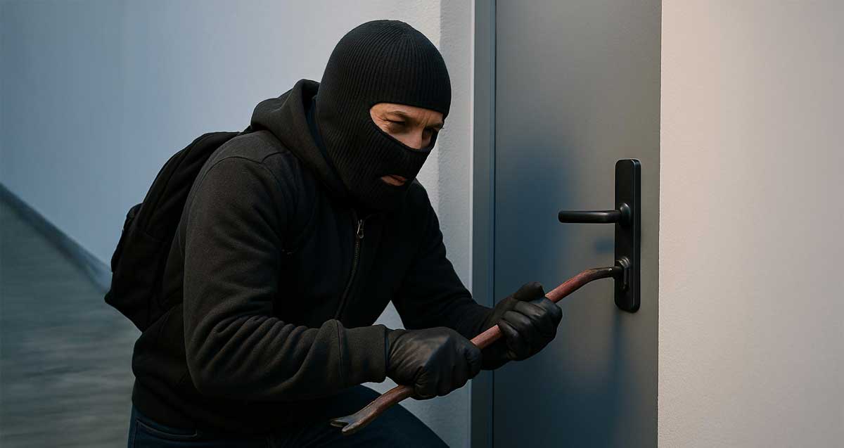 גנב פורץ לדירה עם לום, והוא עם כובע גרב ותרמיל על הגב.