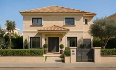 בית פרטי של שתי קומות וגג רעפים אדומים. מעל הכניסה גגון רעפים אדומים. בחזית הבניין גדר מתכת וגדר חי.