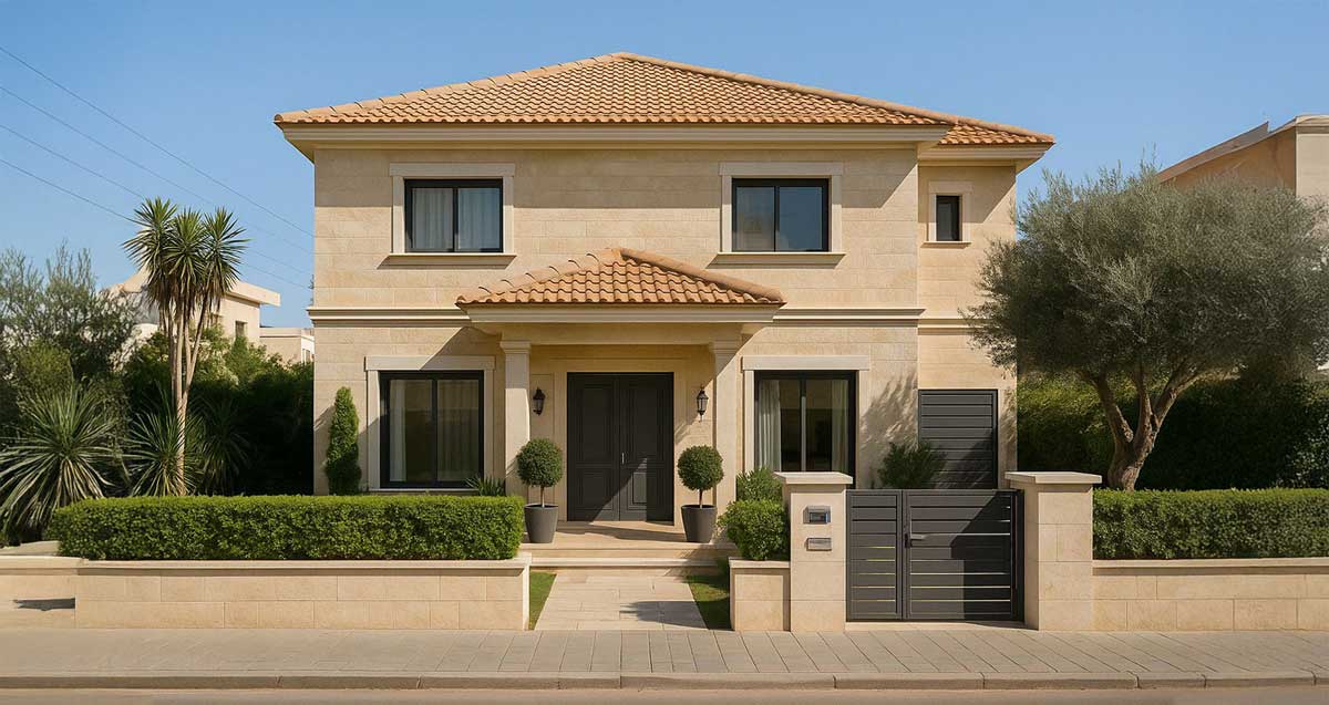 בית פרטי של שתי קומות וגג רעפים אדומים. מעל הכניסה גגון רעפים אדומים. בחזית הבניין גדר מתכת וגדר חי.