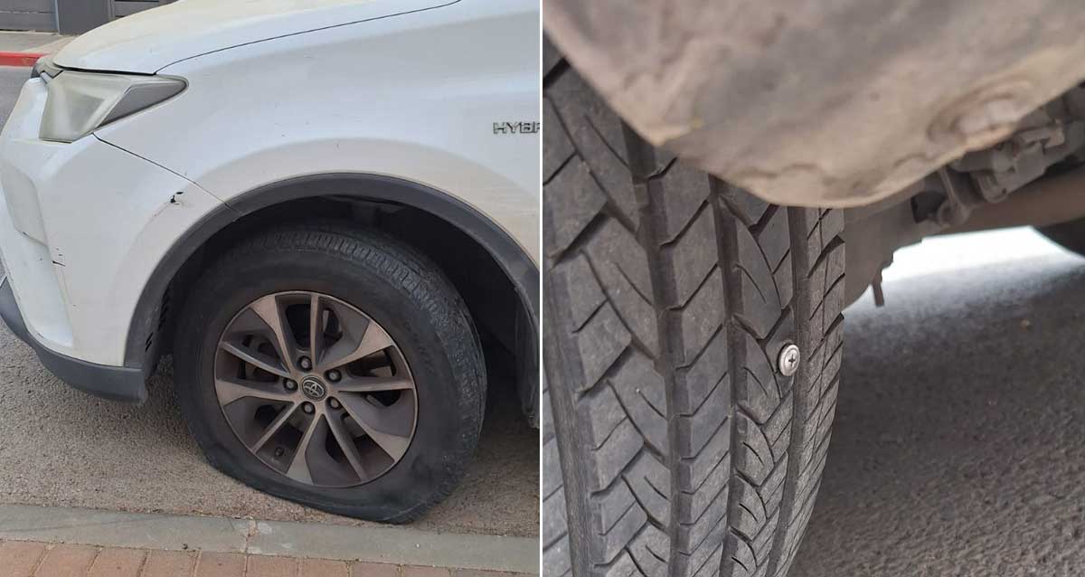 קולאז׳ של שתי תמונות שבהן צמיג עם תקר. בורג תקוע בצמיד