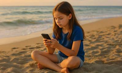 ילדה בחוף הים יושבת על החול בפיסוק רגליים, ומתבוננת בטלפון שבידיה.