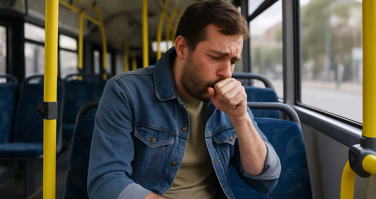 נוסע באוטובוס חולה במחלה מידבקת. יושב, משתעל, עם יד על הפה.