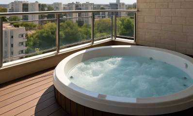 ג'קוזי עגולה במרפסת של דירה. המרפסת מרוצפת עם פרקט. ברקע בנייני מגורים גבוהים ועצים.