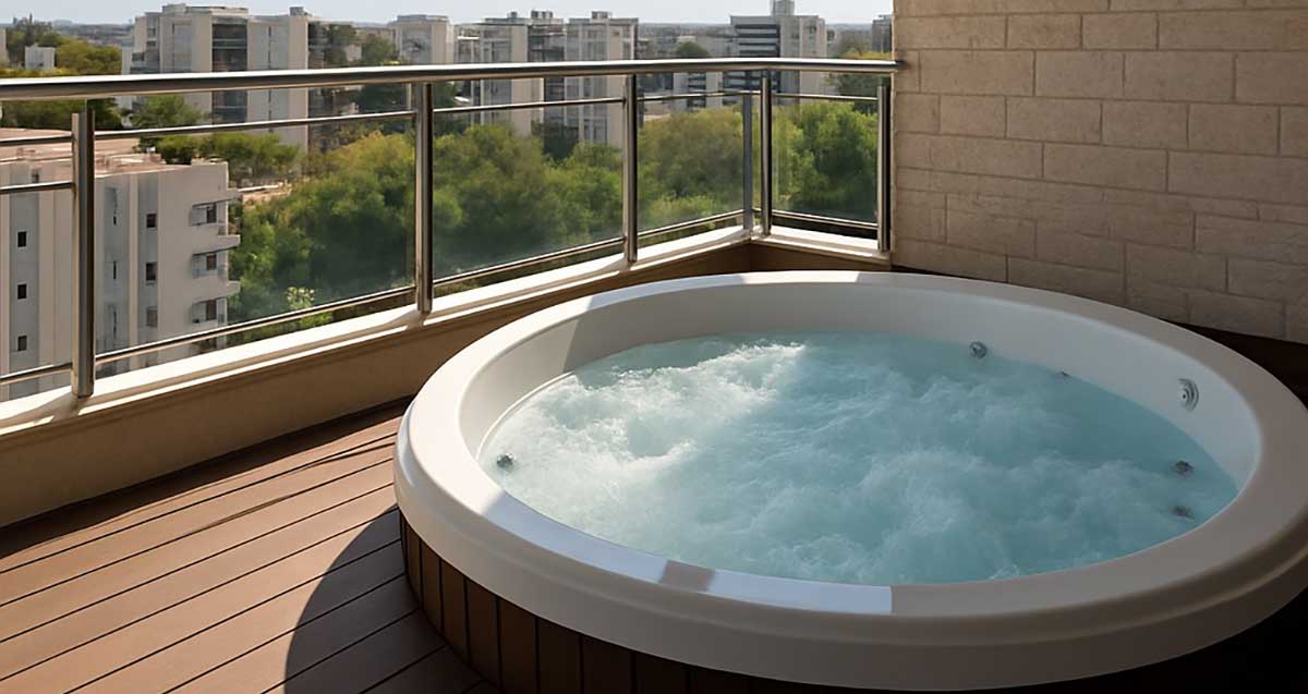 ג'קוזי עגולה במרפסת של דירה. המרפסת מרוצפת עם פרקט. ברקע בנייני מגורים גבוהים ועצים.