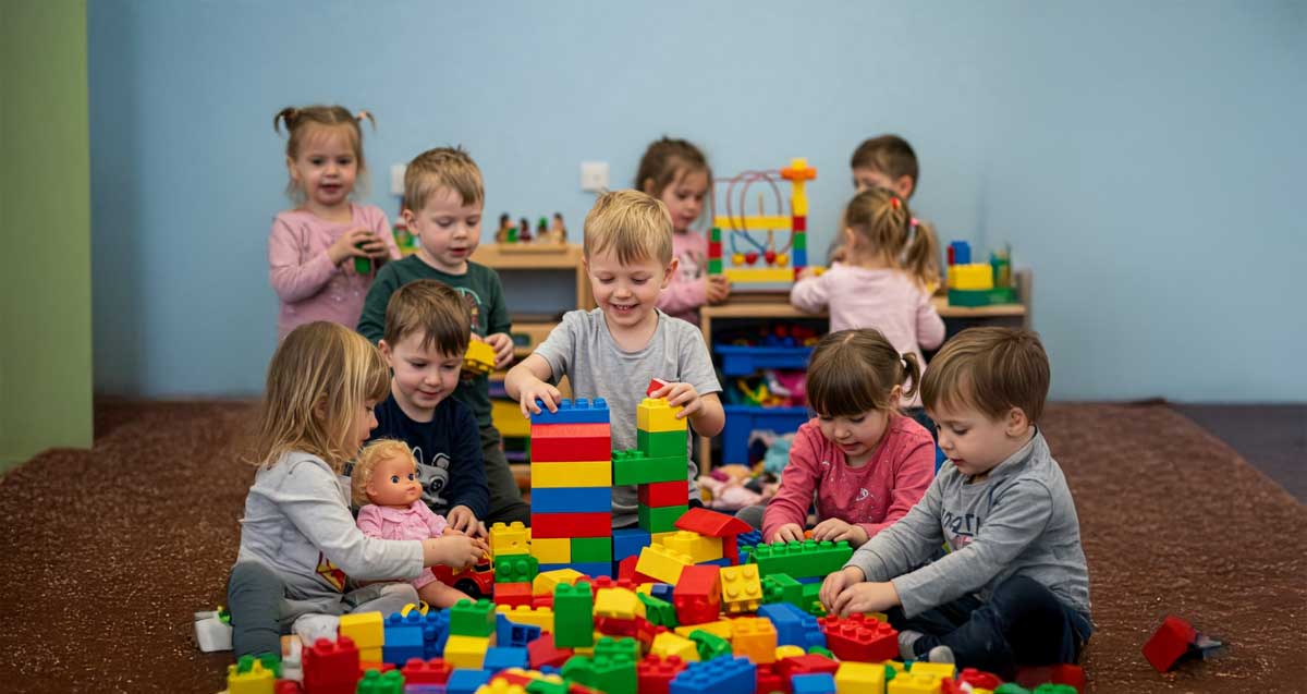 ילדות וילדים בגן ילדים, יושבים על שטיח חום ומשחקים בקוביות לגו צבעוניות. מספר ילדים מאחור משחקים בקוביות על שולחן.