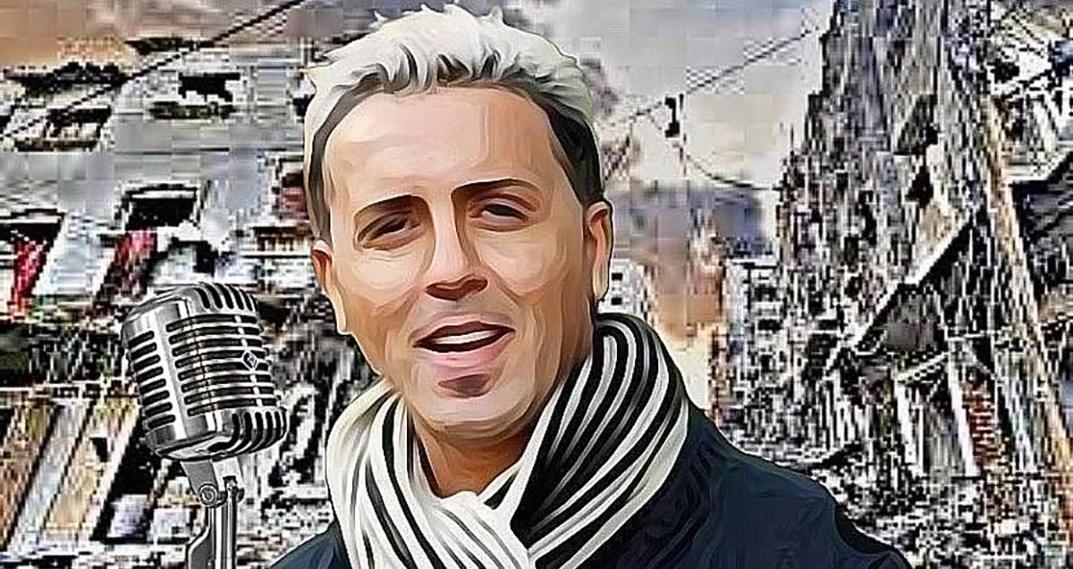 איור של הזמר קובי פרץ קפץ לביקור בעזה, עם מיקרופון לפניו, וכפייה על הצוואר על רקע של בתים הרוסים.