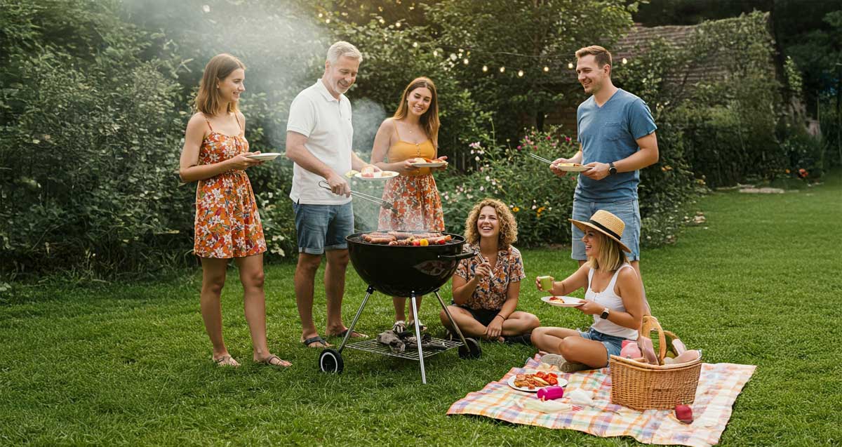 עושים מנגל על האש. קבוצה של צעירות וצעירים עם צלחות בידיים, עושים מנגל בגינה על הדשא. וליד המנגל על הדשא מונחת מפה ועליה סלסליה וצלחת.