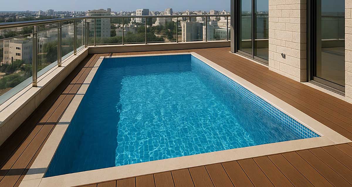 בריכה על הגג של בניין, מוקפת בפרקט חום. מימין הכניסה לבריכה. ברקע בנייני מגורים גבוהים.