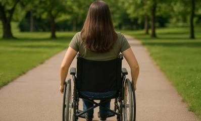 אישה בכיסא גלגלים בשביל בפארק. בשני צידי השביל דשאים ועצים.