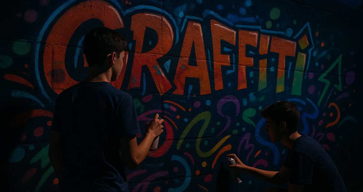 איור של שני נערים מרססים גרפיטי בצבעים על קיר. הציור העיקרי הוא כיתוב באנגלית: GRAFFITI