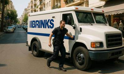 רכב ברינקס ובלדר מאבטח. הרכב חונה בצד הכביש ובחוץ ליד דלת הרכב צועד בלדר עם נשק.