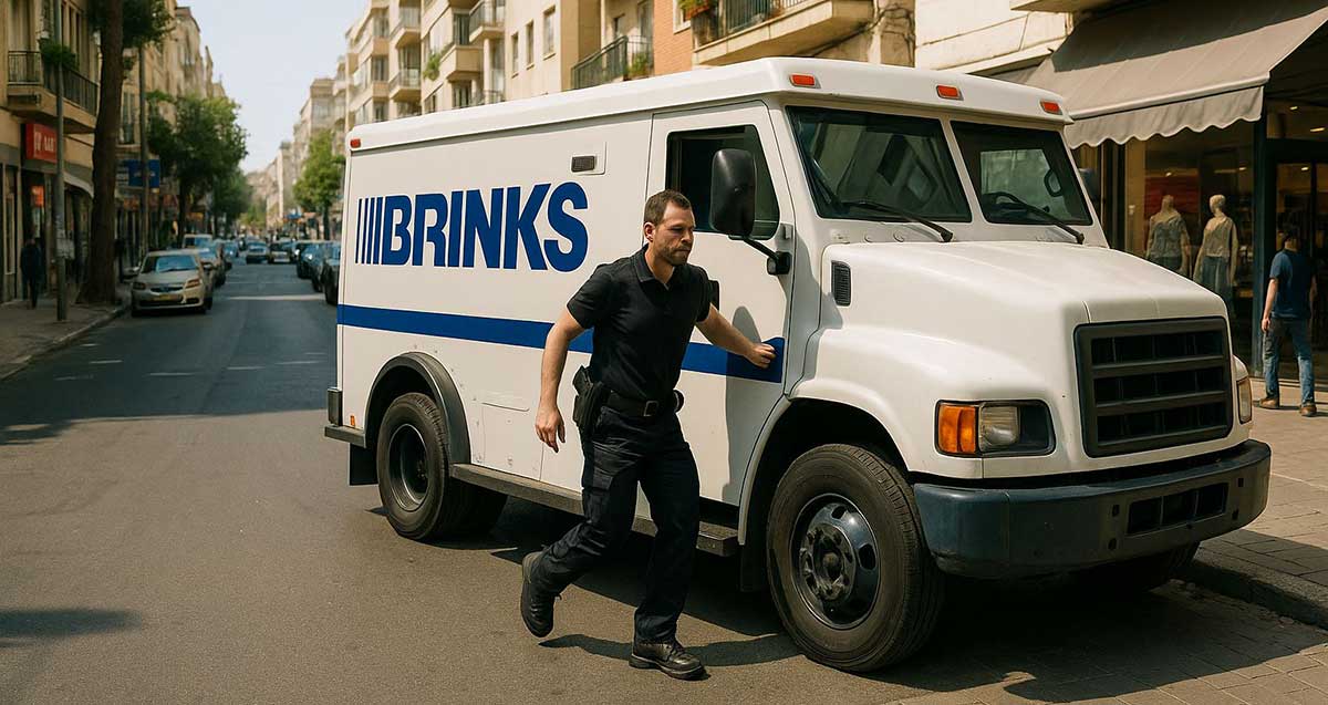 רכב ברינקס ובלדר מאבטח. הרכב חונה בצד הכביש ובחוץ ליד דלת הרכב צועד בלדר עם נשק.