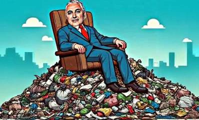 איור של חיים ברוידא ראש עיריית רעננה יושב בכורסא על הר של זבל.