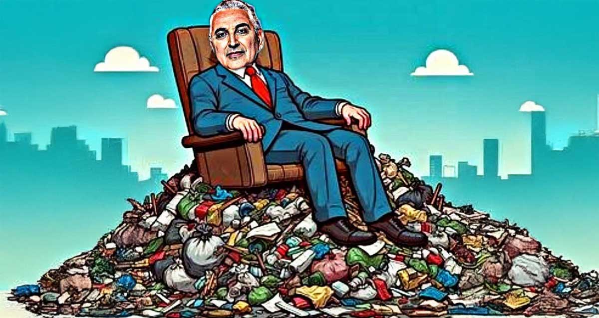 איור של חיים ברוידא ראש עיריית רעננה יושב בכורסא על הר של זבל.