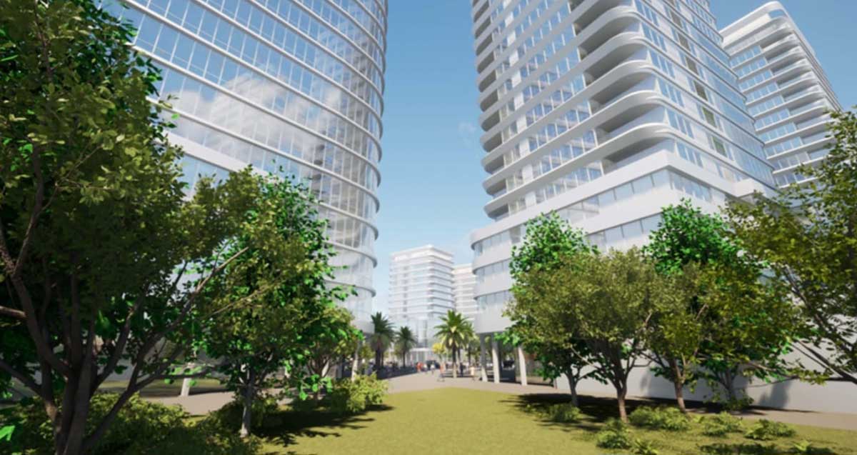 הדמיה של תוכנית התחדשות עירונית של צומת כדורי. בניינים גבוהים, וגינה עם דשא ועצים בין הבניינים.