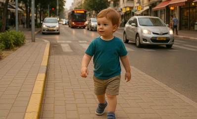 פעוט ברחוב סואן, צועד לבד בכביש. מאחוריו מכוניות ואוטובוס. בשני צידי הכביש חנויות.