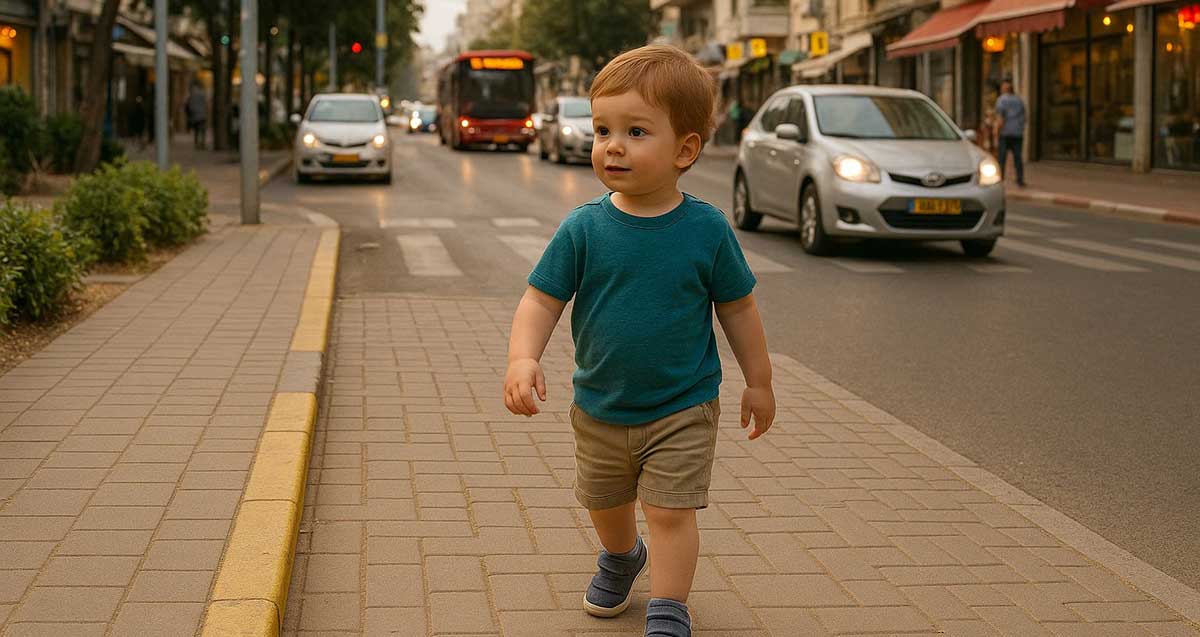 פעוט ברחוב סואן, צועד לבד בכביש. מאחוריו מכוניות ואוטובוס. בשני צידי הכביש חנויות.