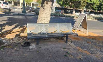 הזנחה בהוד השרון. ספסל מתכת ולידו זוג נעליים. עלים על המדרכה.