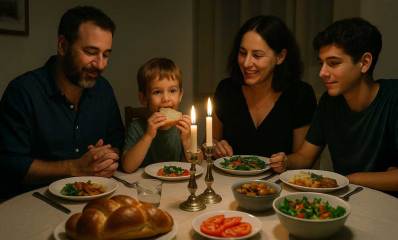ארוחה משפחתית בערב שבת. הורים ושני בנים יושבים ליד השולחן. במרכז השולחן שני פמוטים עם נרות דולקים. ליד הפמוטים חלה. מסביב לפמוטים צלחות עם סלטים וכלי אוכל.