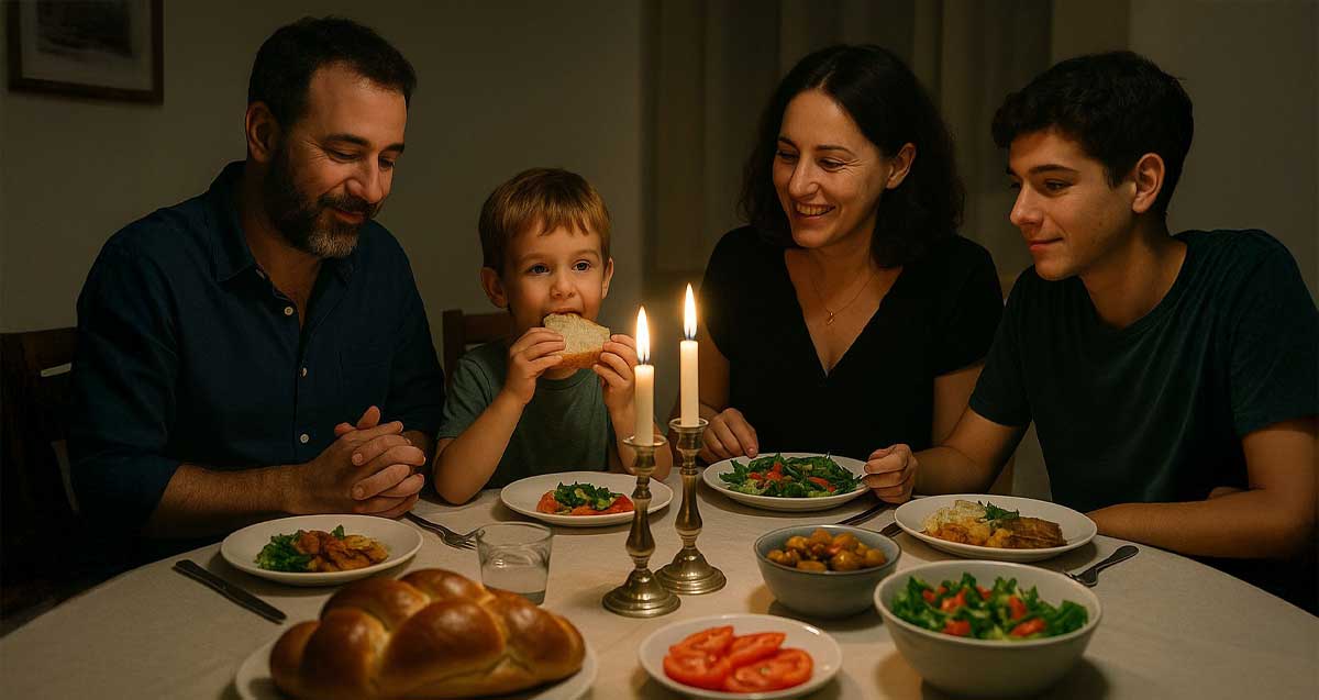 ארוחה משפחתית בערב שבת. הורים ושני בנים יושבים ליד השולחן. במרכז השולחן שני פמוטים עם נרות דולקים. ליד הפמוטים חלה. מסביב לפמוטים צלחות עם סלטים וכלי אוכל.