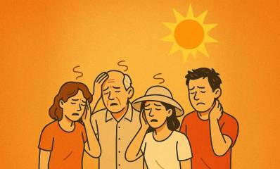 איור של עומס חום. שני זוגות בשמש הלוהטת עם פנים סובלות מחום, ועיניים עצומות. ידיים על הפנים.