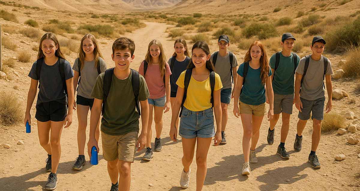 נערים ונערות בטיול שנתי בנוף מדברי. איור בינה מלאכותית:
