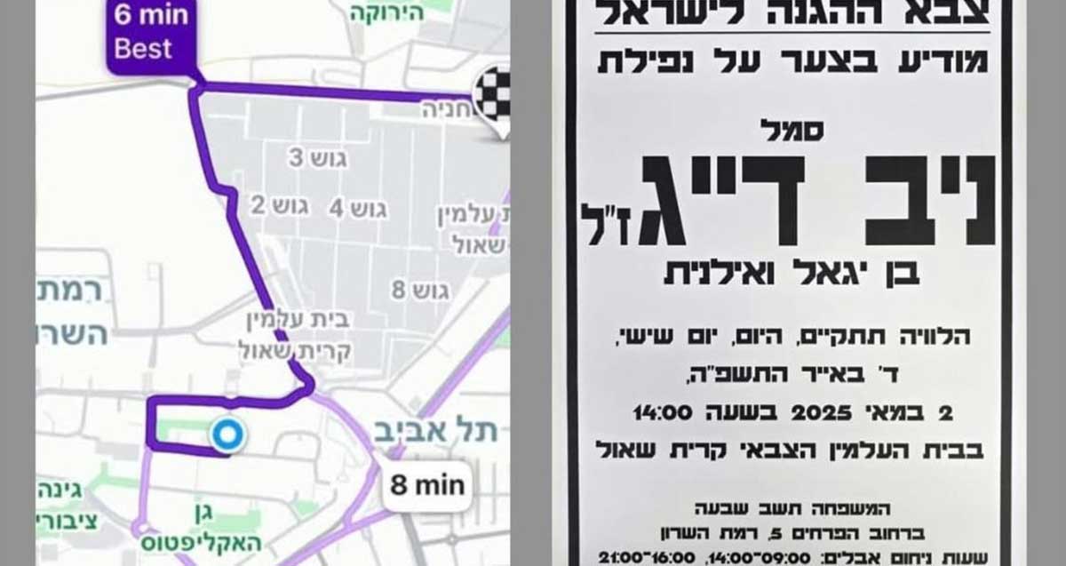 מסע הלוויה של ניב ז"ל. מודעת אבל של צבא הגנה לישראל ומפה של מסע הלוויה.